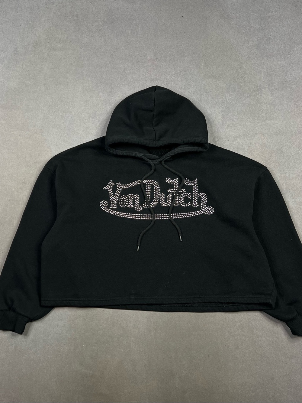 Von Dutch Black Cropped Hoodie with Rhinestone Logo